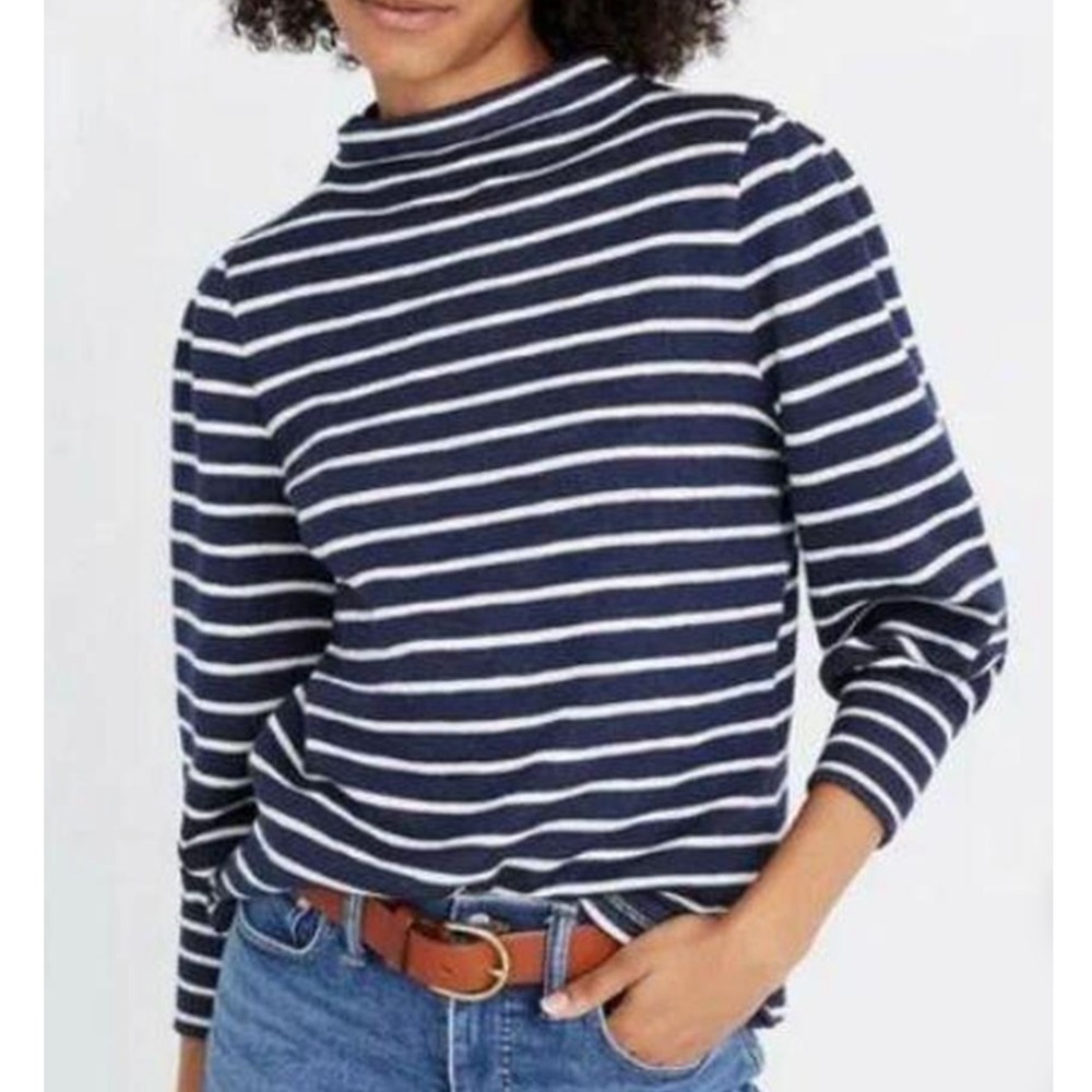 Madewell Mock Neck Top Navy Striped Long Sleeve Knit Pullover Casual Small